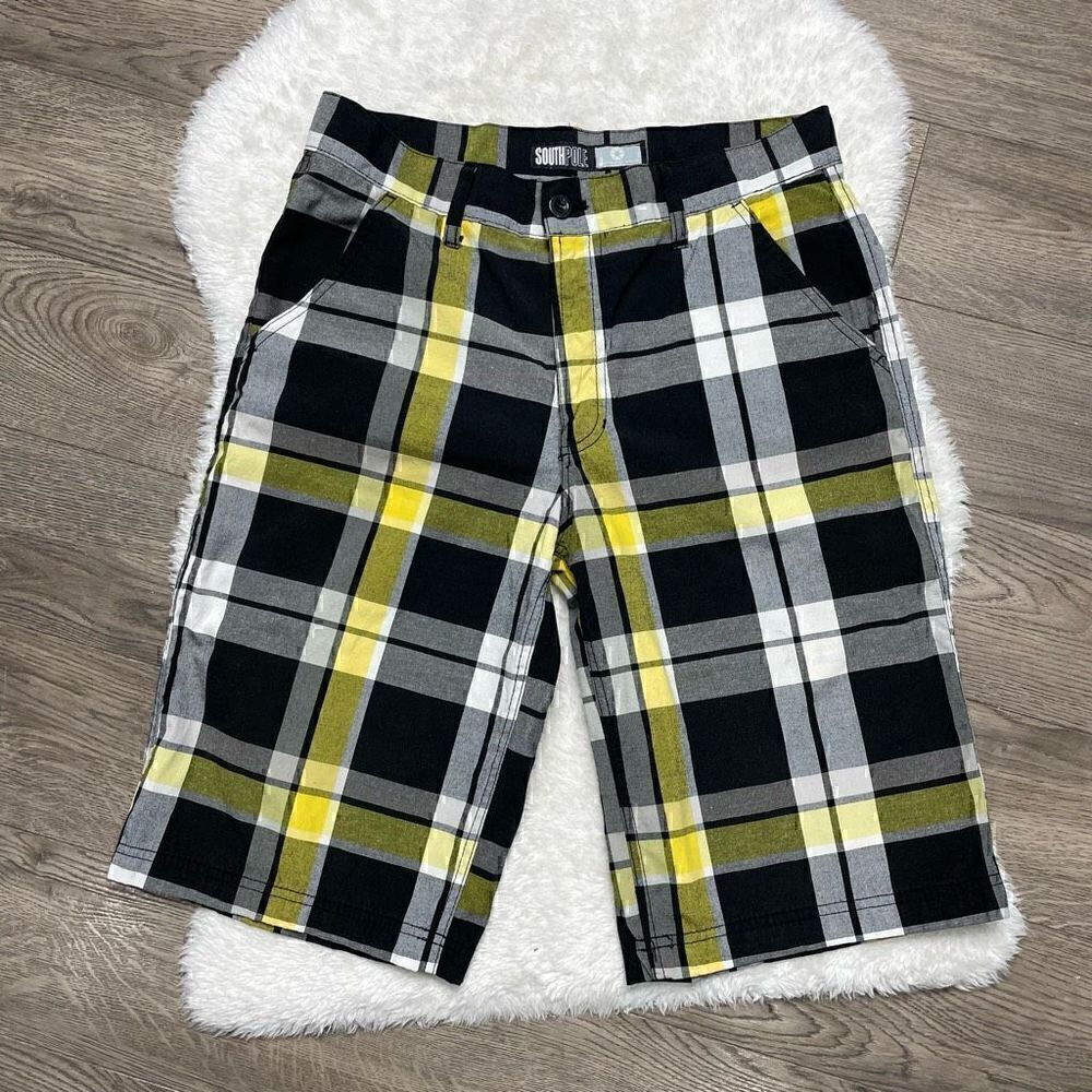 Southpole Size 18 / 30 Long Plaid Shorts Black Yellow 12" Inseam Golf Casual Chi